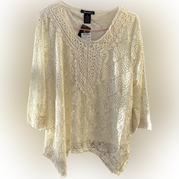 Lauren Michelle Ivory Crochet Lace semi shear tunic with lining Handkerchief hem - Picture 1 of 17